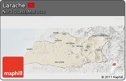 Shaded Relief Panoramic Map of Larache, lighten, semi-desaturated