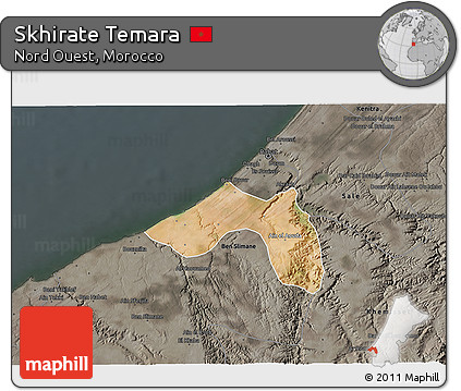 Satellite 3D Map of Skhirate Temara, darken, semi-desaturated