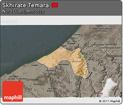 Satellite 3D Map of Skhirate Temara, darken, semi-desaturated