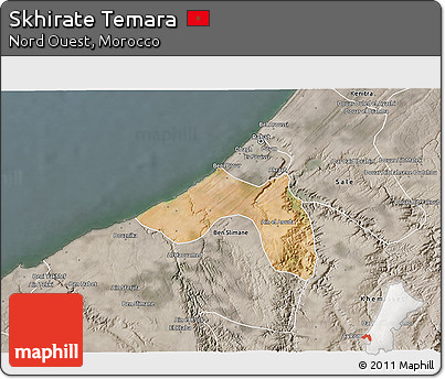 Satellite 3D Map of Skhirate Temara, semi-desaturated