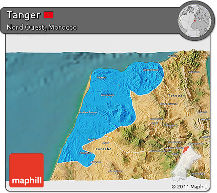 Political 3D Map of Tanger, satellite outside