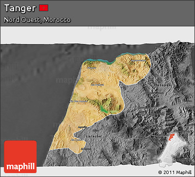 Satellite 3D Map of Tanger, darken, desaturated