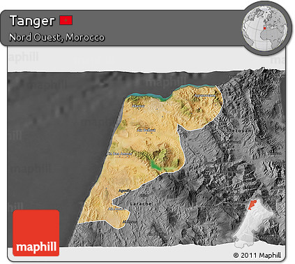 Satellite 3D Map of Tanger, darken, desaturated