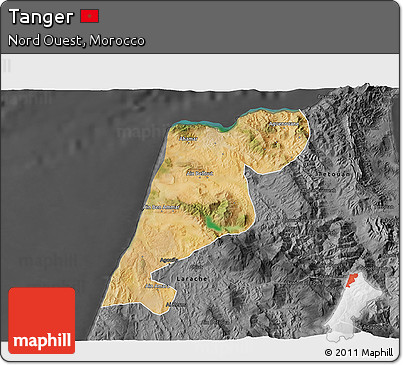 Satellite 3D Map of Tanger, darken, desaturated