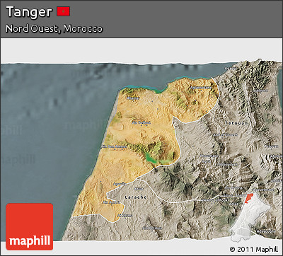 Satellite 3D Map of Tanger, semi-desaturated
