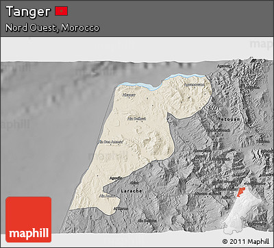 Shaded Relief 3D Map of Tanger, darken, desaturated
