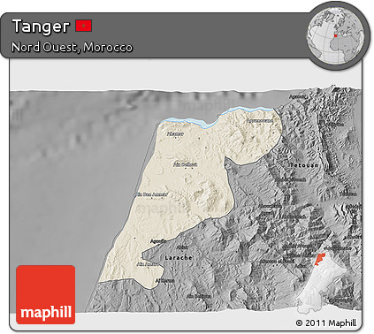 Shaded Relief 3D Map of Tanger, darken, desaturated