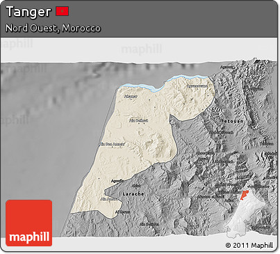 Shaded Relief 3D Map of Tanger, darken, desaturated
