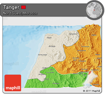 Shaded Relief 3D Map of Tanger, political outside