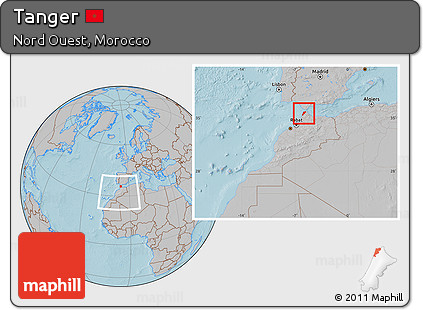 Gray Location Map of Tanger, within the entire country, hill shading