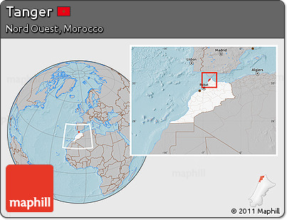 Gray Location Map of Tanger, highlighted country, within the entire country, hill shading
