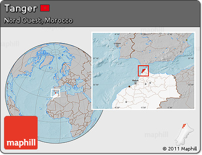 Gray Location Map of Tanger, highlighted country, hill shading
