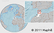 Gray Location Map of Tanger, highlighted parent region, hill shading