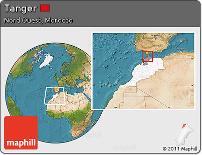 Satellite Location Map of Tanger, highlighted country, highlighted parent region, within the entire country