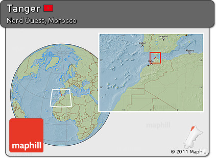 Savanna Style Location Map of Tanger, within the entire country, hill shading