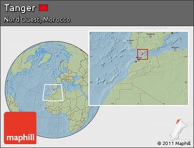 Savanna Style Location Map of Tanger, within the entire country, hill shading