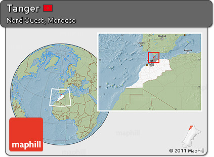 Savanna Style Location Map of Tanger, highlighted country, highlighted parent region, within the entire country, hill shading