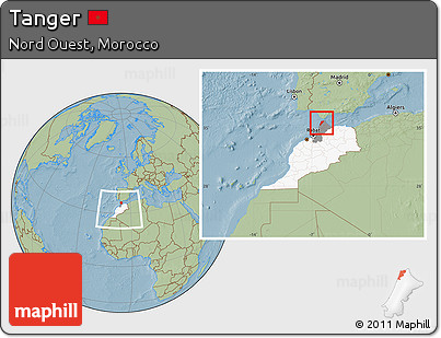 Savanna Style Location Map of Tanger, highlighted country, highlighted parent region, within the entire country, hill shading
