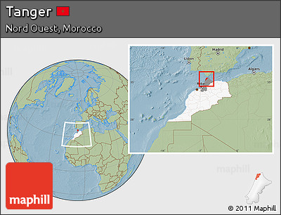 Savanna Style Location Map of Tanger, highlighted country, highlighted parent region, within the entire country, hill shading