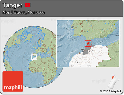 Savanna Style Location Map of Tanger, highlighted country, highlighted parent region, hill shading