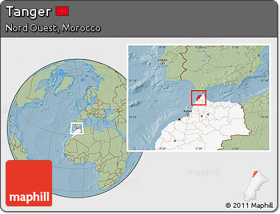 Savanna Style Location Map of Tanger, highlighted country, hill shading
