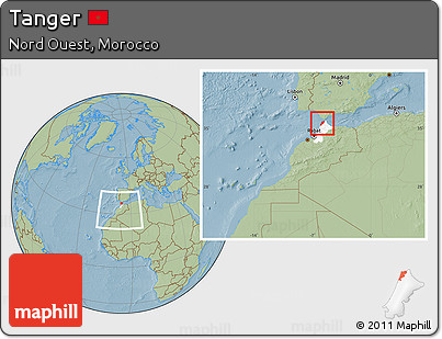 Savanna Style Location Map of Tanger, highlighted parent region, within the entire country, hill shading