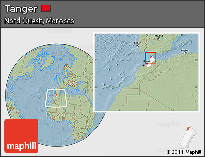 Savanna Style Location Map of Tanger, highlighted parent region, within the entire country, hill shading