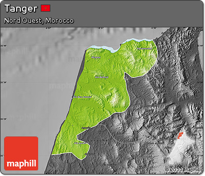 Physical Map of Tanger, darken, desaturated