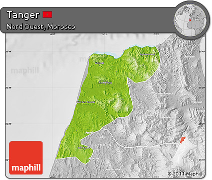 Physical Map of Tanger, lighten, desaturated