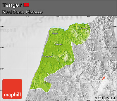Physical Map of Tanger, lighten, desaturated