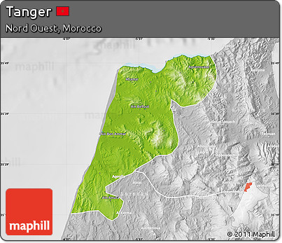 Physical Map of Tanger, lighten, desaturated