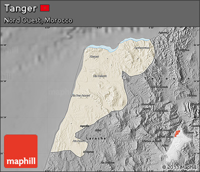 Shaded Relief Map of Tanger, darken, desaturated