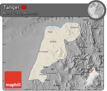 Shaded Relief Map of Tanger, darken, desaturated