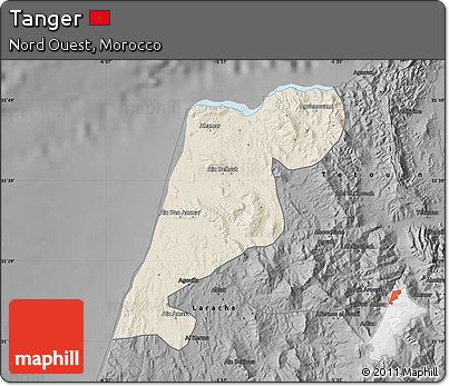 Shaded Relief Map of Tanger, darken, desaturated