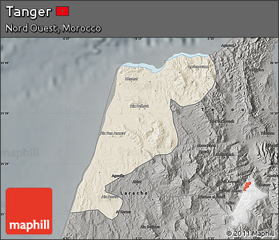 Shaded Relief Map of Tanger, darken, semi-desaturated