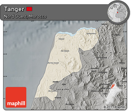 Shaded Relief Map of Tanger, darken, semi-desaturated