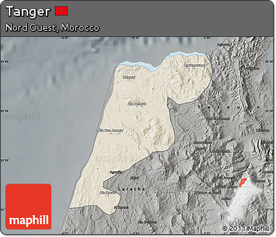 Shaded Relief Map of Tanger, darken, semi-desaturated
