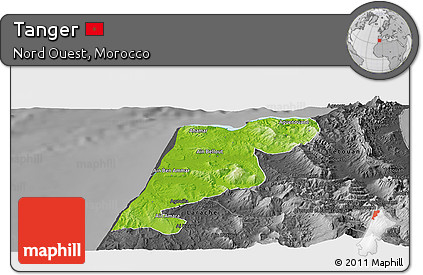 Physical Panoramic Map of Tanger, darken, desaturated