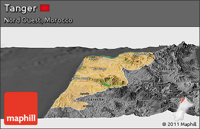 Satellite Panoramic Map of Tanger, darken, desaturated