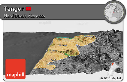 Satellite Panoramic Map of Tanger, darken, desaturated