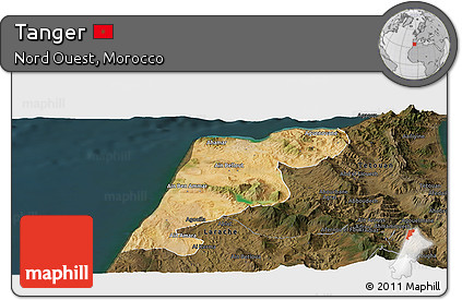 Satellite Panoramic Map of Tanger, darken