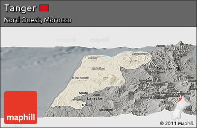 Shaded Relief Panoramic Map of Tanger, darken, semi-desaturated