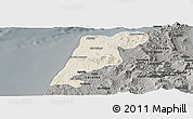 Shaded Relief Panoramic Map of Tanger, darken, semi-desaturated