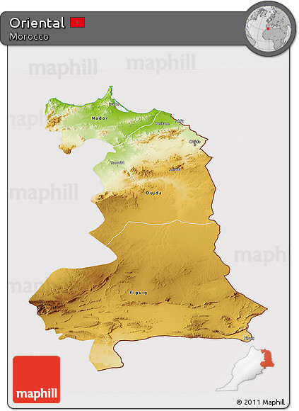 Physical 3D Map of Oriental, cropped outside