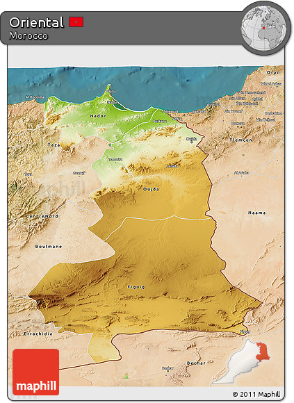 Physical 3D Map of Oriental, satellite outside