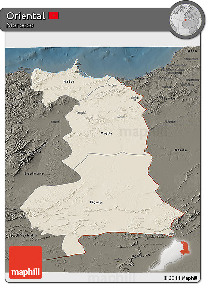 Shaded Relief 3D Map of Oriental, darken