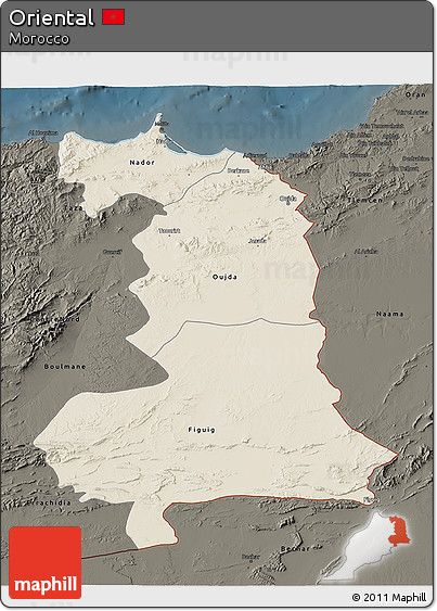 Shaded Relief 3D Map of Oriental, darken