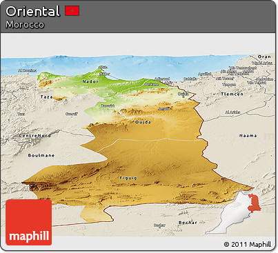 Physical Panoramic Map of Oriental, shaded relief outside