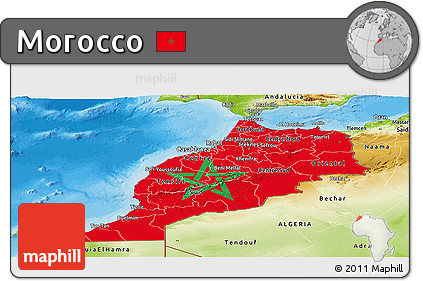 Flag Panoramic Map of Morocco, physical outside, bathymetry sea, flag centered