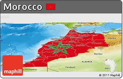 Flag Panoramic Map of Morocco, physical outside, bathymetry sea, flag centered